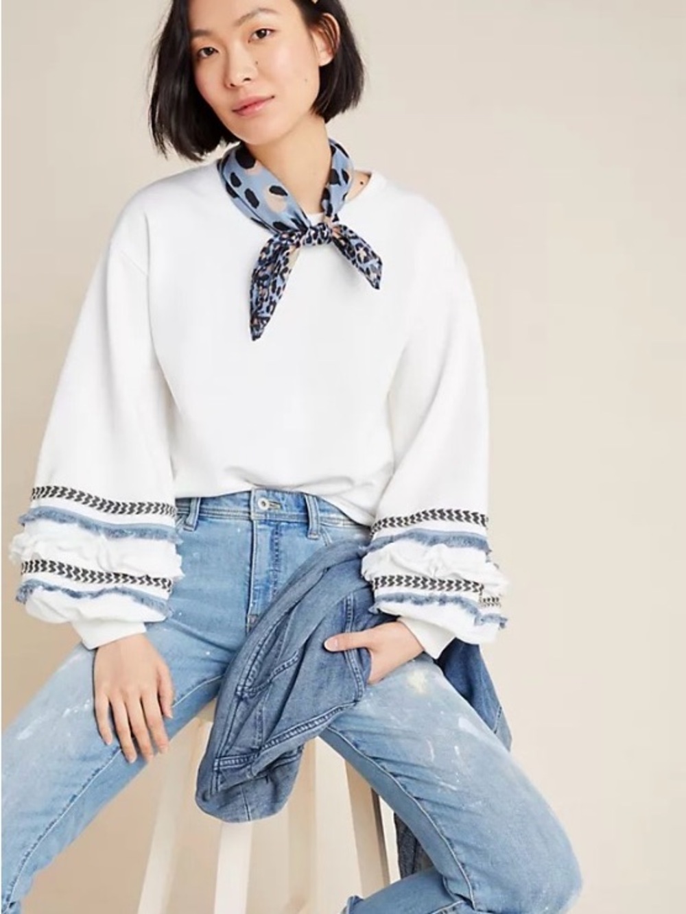Anthropologie Junie White Ruffle-Trim Sweatshirt with Braided Detail